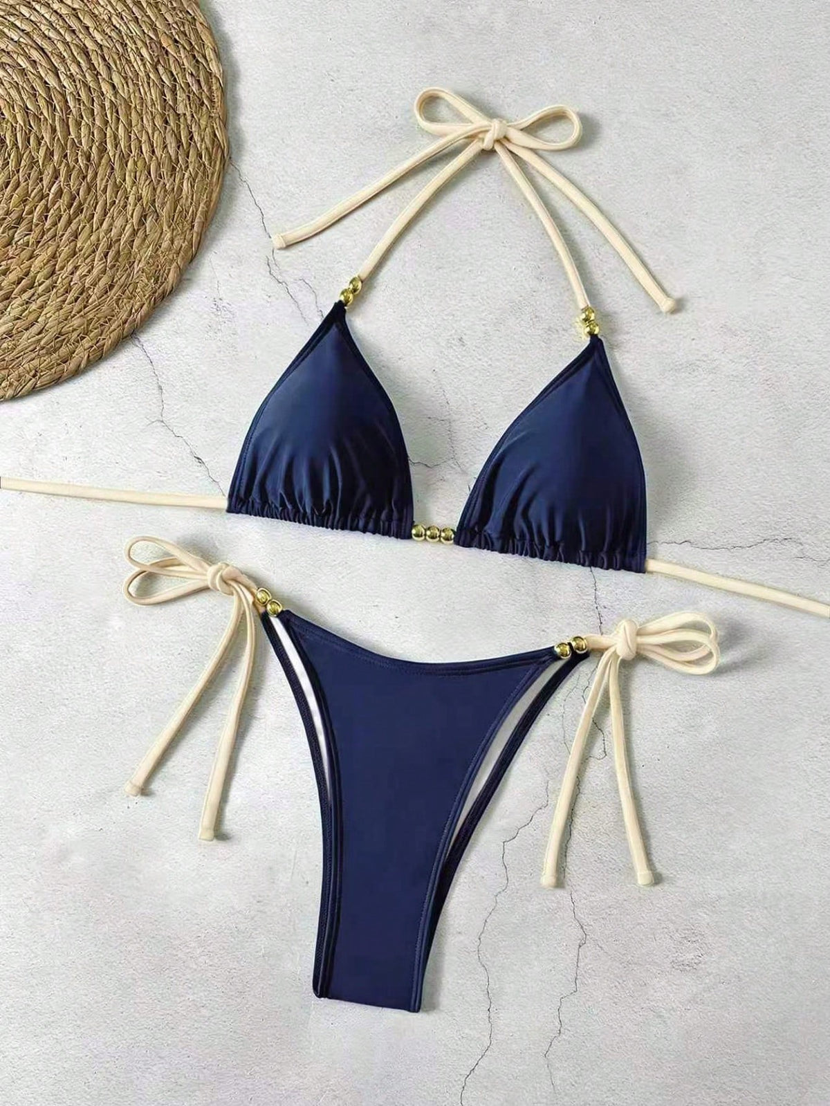 Lucky Girl Summer New Women's Black Beaded Tie Two Pieces Swimwear Set, Beach Holiday Vacation