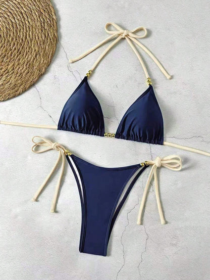 Lucky Girl Summer New Women's Black Beaded Tie Two Pieces Swimwear Set, Beach Holiday Vacation