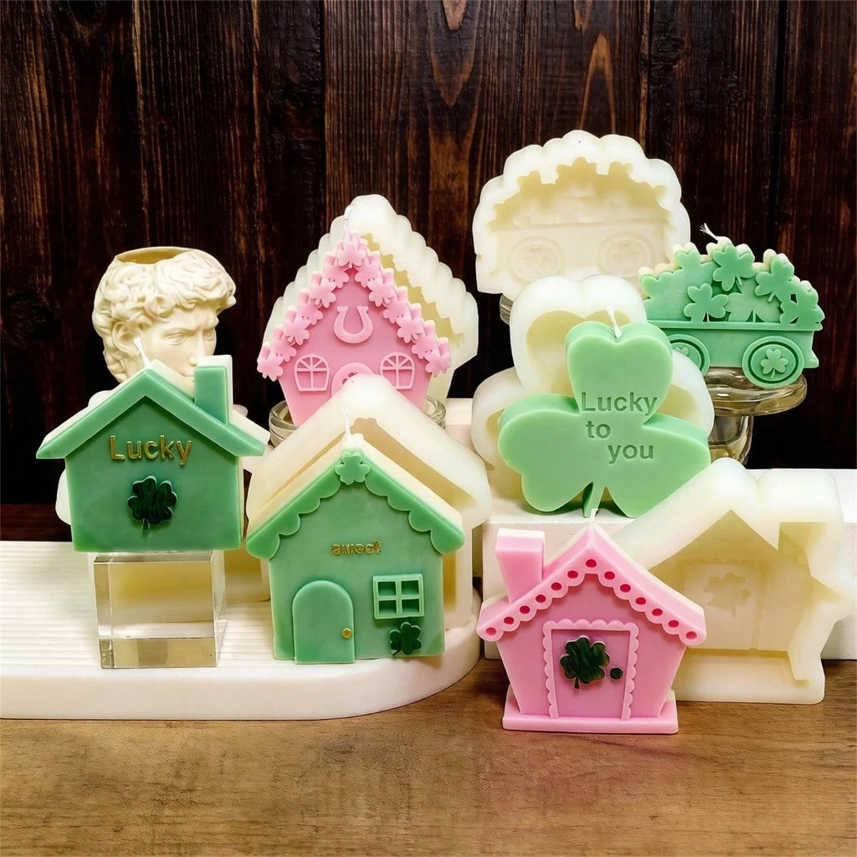 Lucky Shamrock Silicone Candle Mold 3D Lucky House & Shamrock Shapes Scented Candle Mold, For Candle Making, Soap, Resin Crafts, Party Decor DIY Gifts