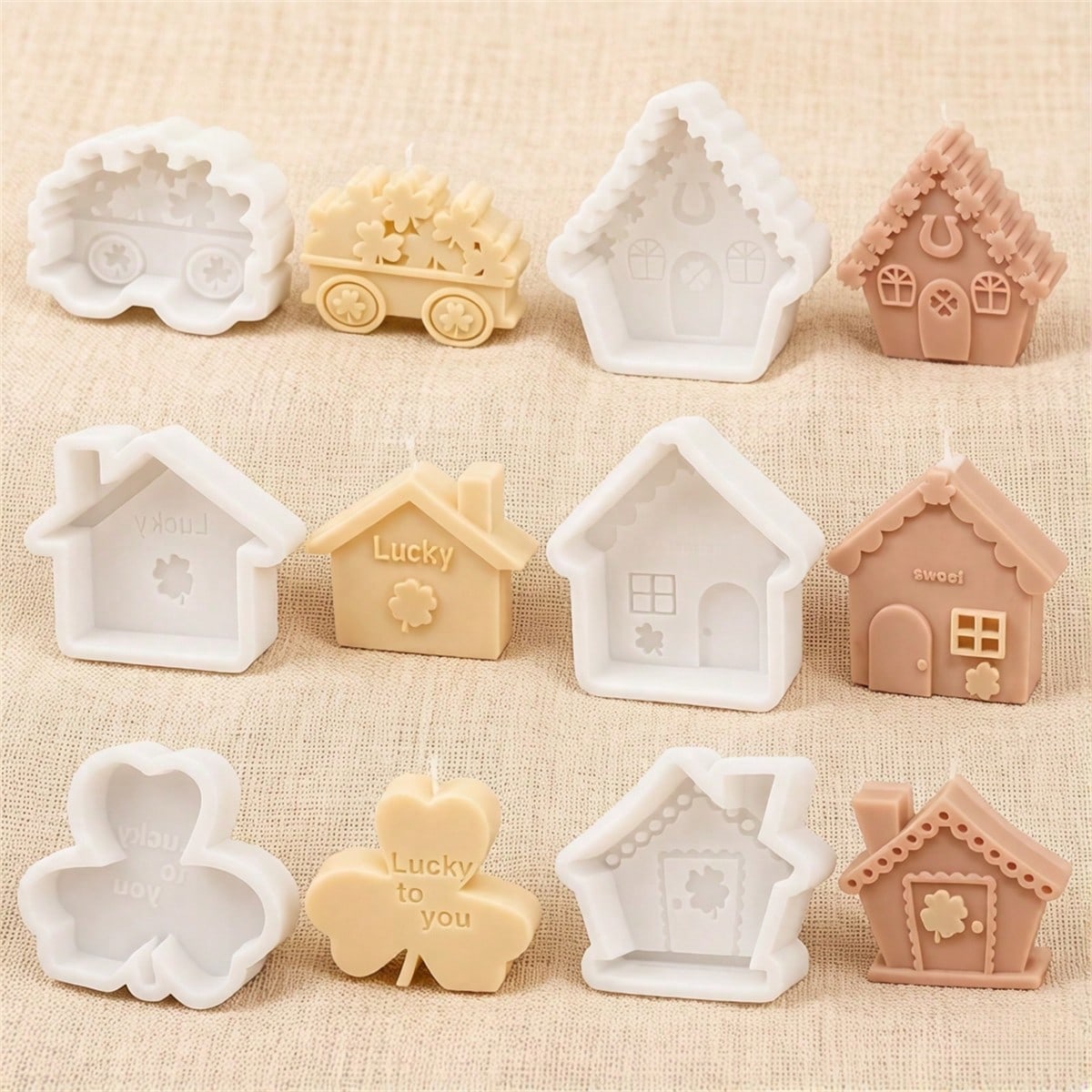 Lucky Shamrock Silicone Candle Mold 3D Lucky House & Shamrock Shapes Scented Candle Mold, For Candle Making, Soap, Resin Crafts, Party Decor DIY Gifts