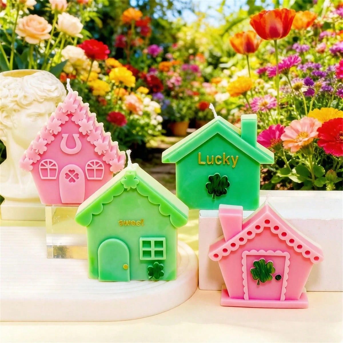 Lucky Shamrock Silicone Candle Mold 3D Lucky House & Shamrock Shapes Scented Candle Mold, For Candle Making, Soap, Resin Crafts, Party Decor DIY Gifts