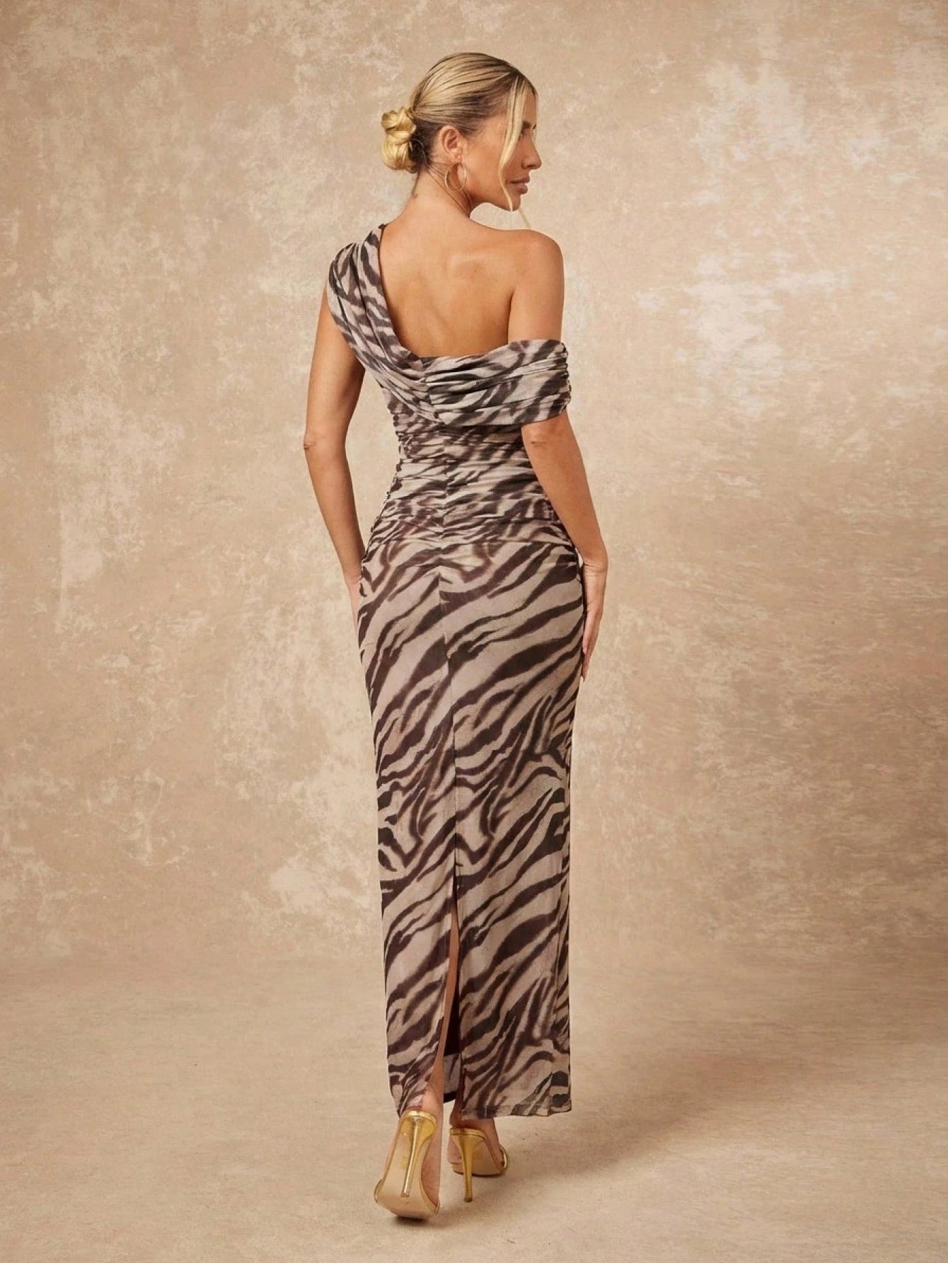 Lumalex Women's Grey Leopard Print Checkered Summer 70s Party Night Elegant Sexy Zebra Print Mesh One Shoulder Ruched Bodycon Maxi Dress Old Money Slit Gown