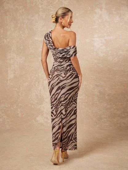 Lumalex Women's Grey Leopard Print Checkered Summer 70s Party Night Elegant Sexy Zebra Print Mesh One Shoulder Ruched Bodycon Maxi Dress Old Money Slit Gown