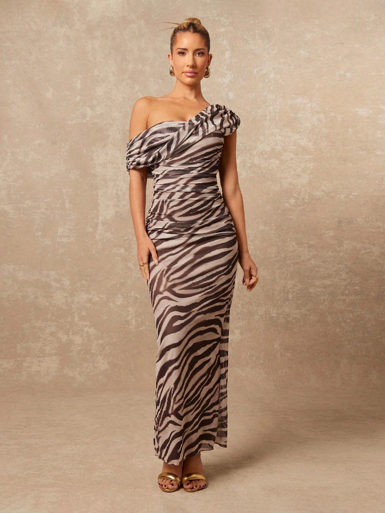 Lumalex Women's Grey Leopard Print Checkered Summer 70s Party Night Elegant Sexy Zebra Print Mesh One Shoulder Ruched Bodycon Maxi Dress Old Money Slit Gown