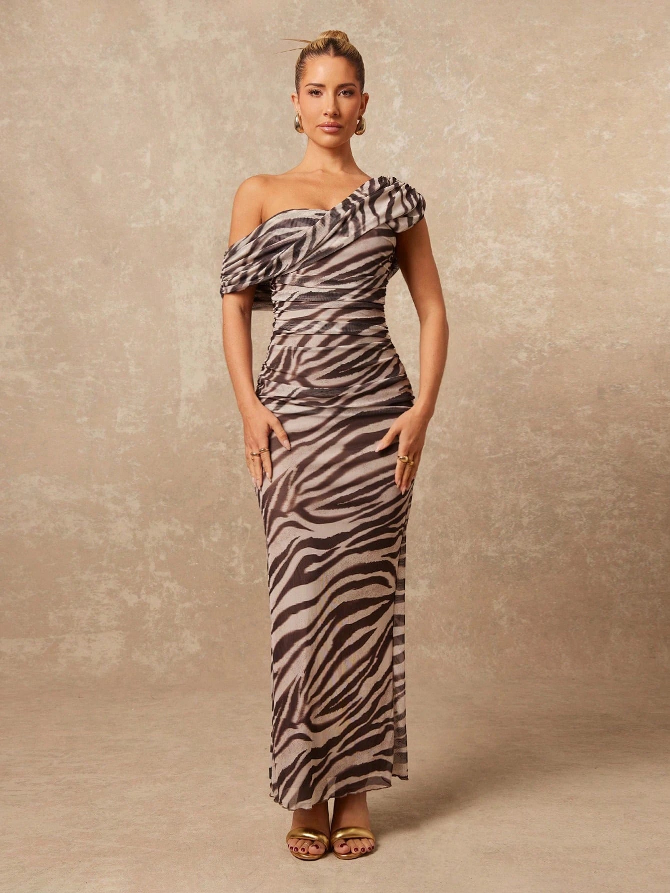 Lumalex Women's Grey Leopard Print Checkered Summer 70s Party Night Elegant Sexy Zebra Print Mesh One Shoulder Ruched Bodycon Maxi Dress Old Money Slit Gown
