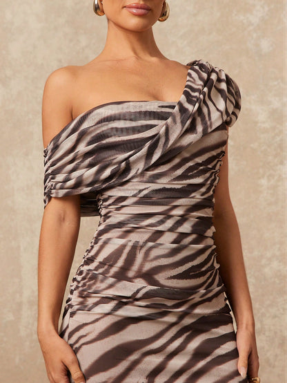 Lumalex Women's Grey Leopard Print Checkered Summer 70s Party Night Elegant Sexy Zebra Print Mesh One Shoulder Ruched Bodycon Maxi Dress Old Money Slit Gown