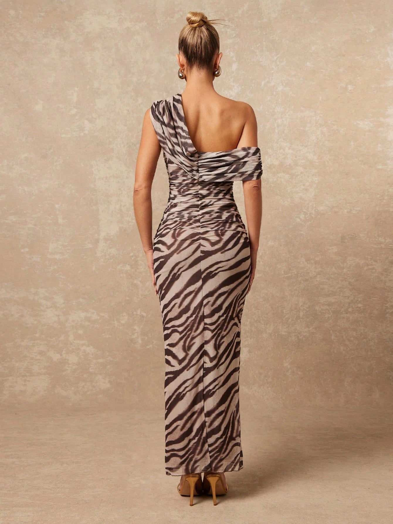 Lumalex Women's Grey Leopard Print Checkered Summer 70s Party Night Elegant Sexy Zebra Print Mesh One Shoulder Ruched Bodycon Maxi Dress Old Money Slit Gown