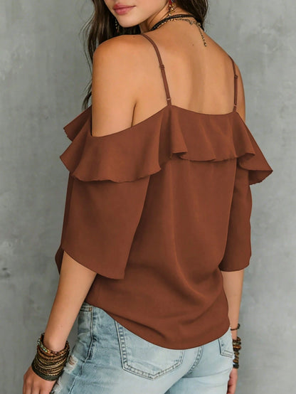 LUMIGAL Women's Summer Casual Vacation Style Solid Color Cold Shoulder Lace Loose Blouse