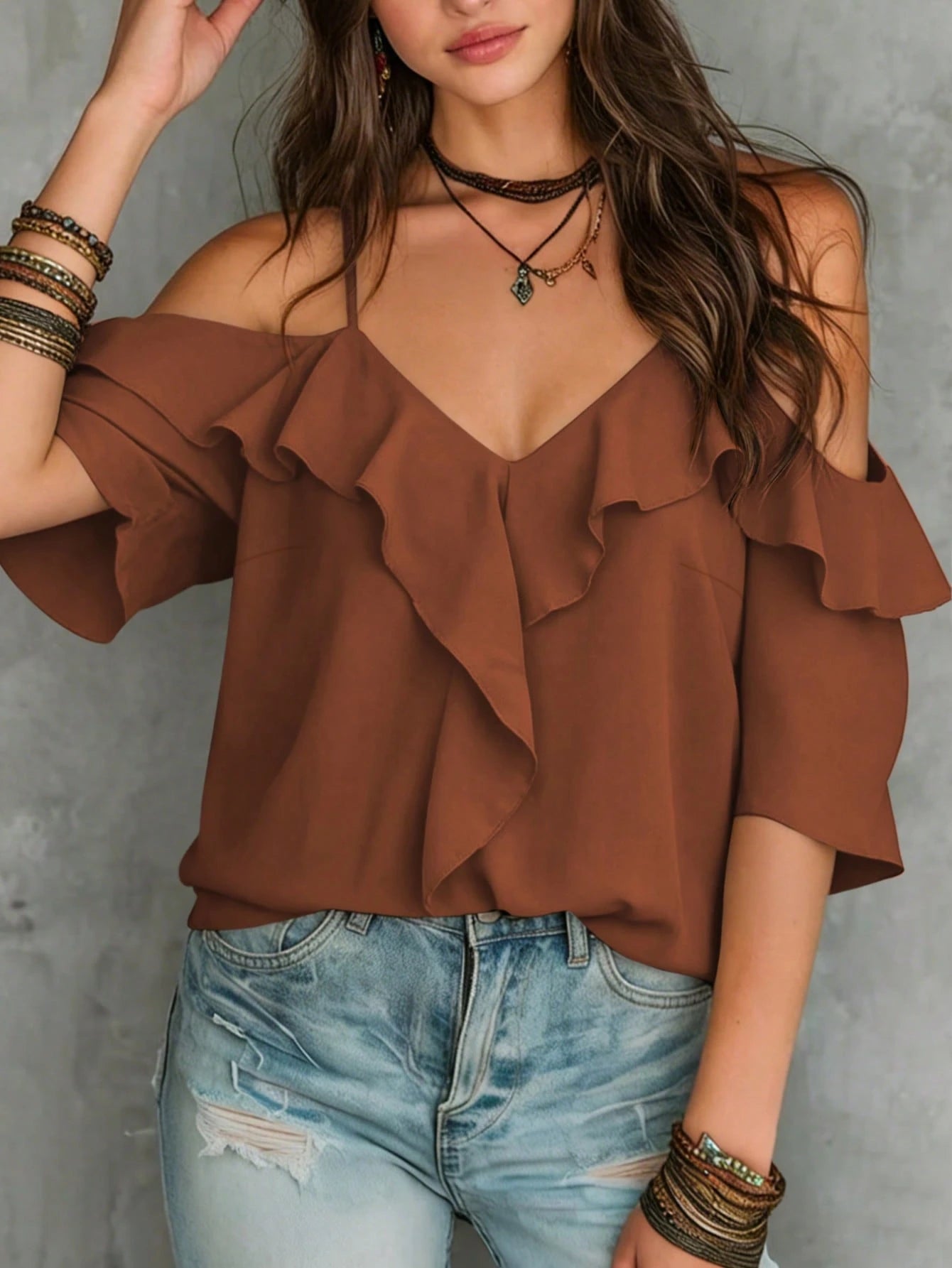 LUMIGAL Women's Summer Casual Vacation Style Solid Color Cold Shoulder Lace Loose Blouse