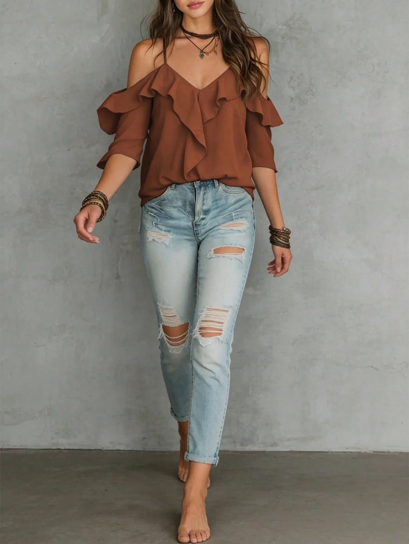 LUMIGAL Women's Summer Casual Vacation Style Solid Color Cold Shoulder Lace Loose Blouse