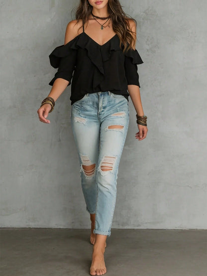 LUMIGAL Women's Summer Casual Vacation Style Solid Color Cold Shoulder Lace Loose Blouse