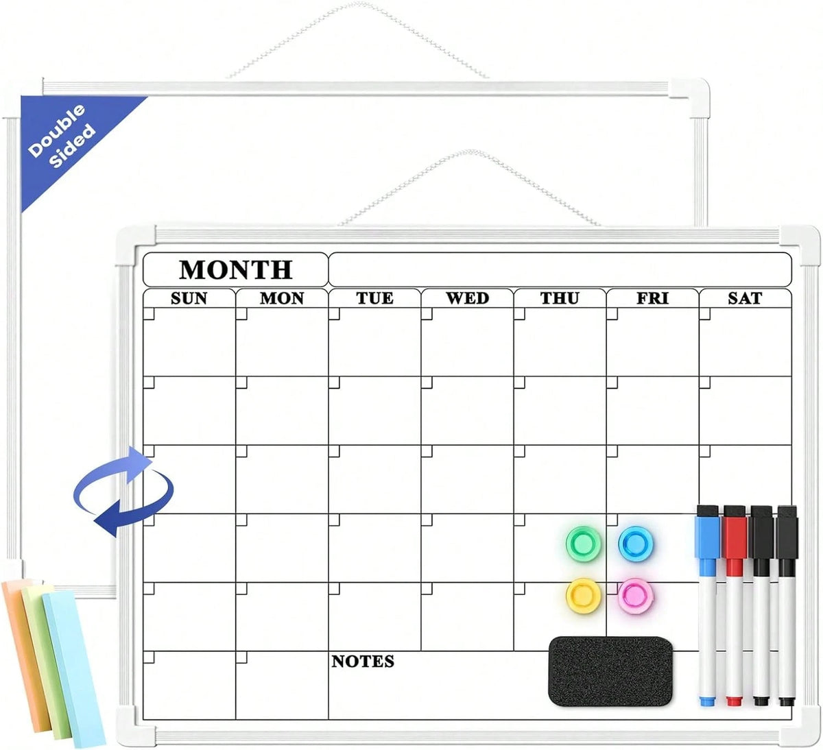 Lumspax Monthly Whiteboard Calendar For Wall, Small 16" X 12" Dry Erase Board With Plastic Frame, Hanging Dry Erase Calendar With 3 Mini Sticky Notes For Kitchen Planner, Memo, Home And Office
