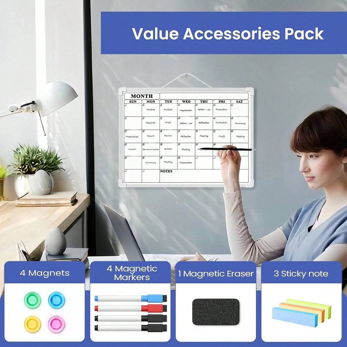Lumspax Monthly Whiteboard Calendar For Wall, Small 16" X 12" Dry Erase Board With Plastic Frame, Hanging Dry Erase Calendar With 3 Mini Sticky Notes For Kitchen Planner, Memo, Home And Office