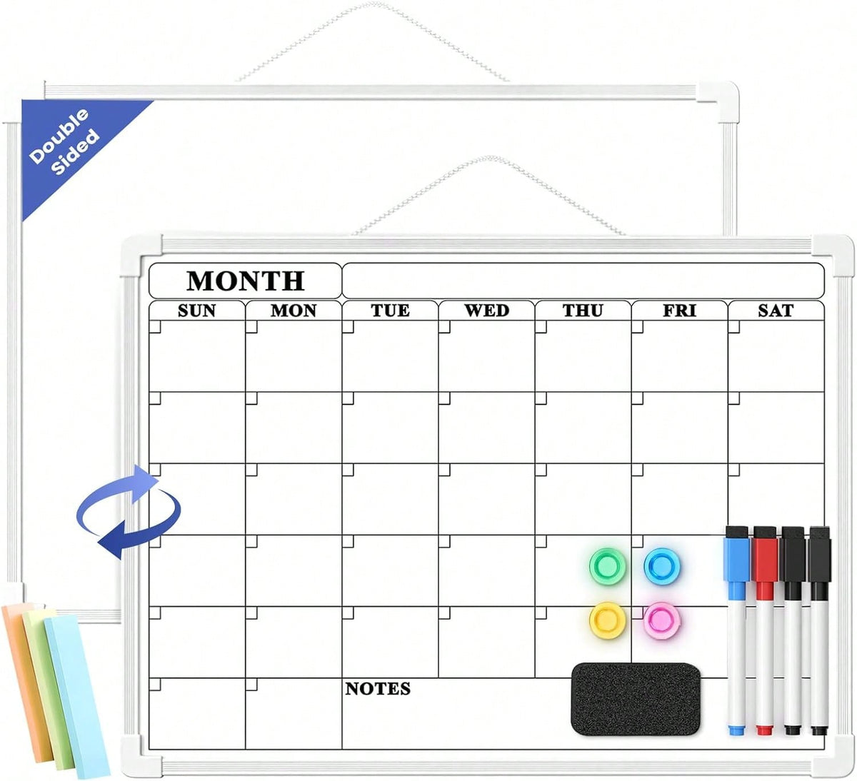Lumspax Monthly Whiteboard Calendar For Wall, Small 16" X 12" Dry Erase Board With Plastic Frame, Hanging Dry Erase Calendar With 3 Mini Sticky Notes For Kitchen Planner, Memo, Home And Office