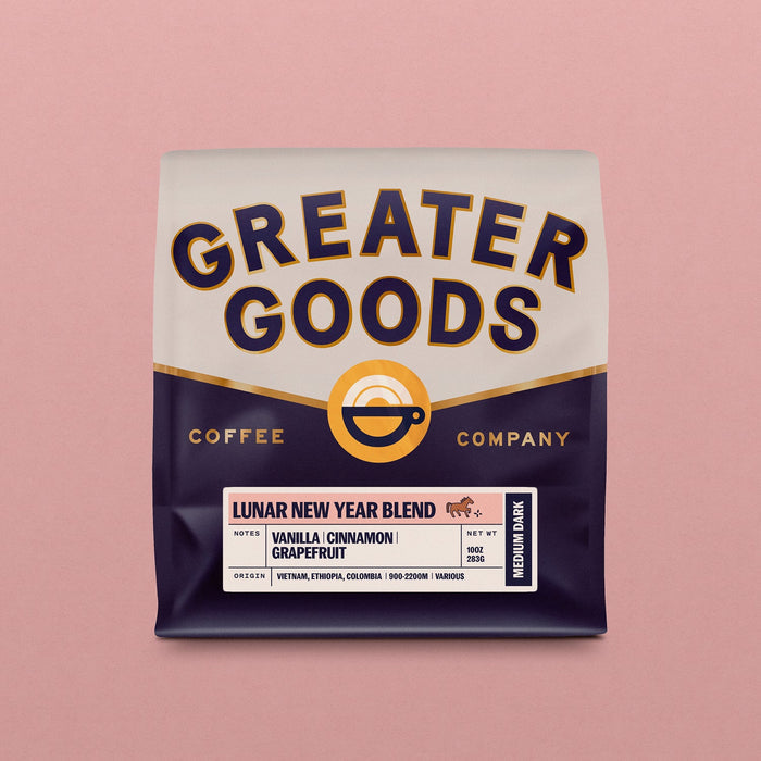 Greater Goods Lunar New Year Blend coffee bag featuring vanilla cinnamon grapefruit flavor notes