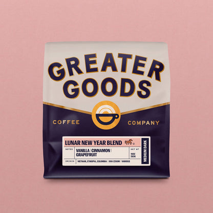 Greater Goods Lunar New Year Blend coffee bag featuring vanilla cinnamon grapefruit flavor notes