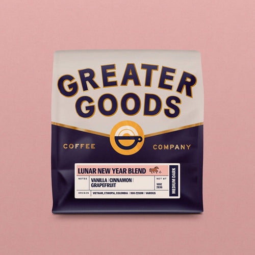 Greater Goods Lunar New Year Blend coffee bag featuring vanilla cinnamon grapefruit flavor notes