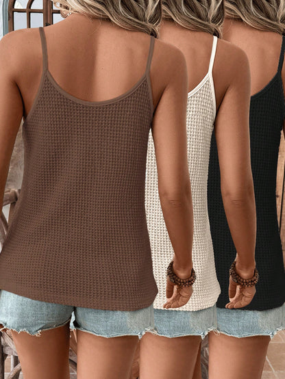 LUNE 3pcs Women Casual Waffle Lace Splice Sleeveless Tank Tops, Basic Daily Wear Apparel, Spring/Summer