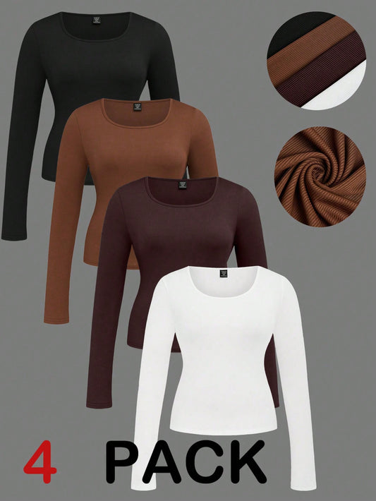 LUNE 4pcs Set Crew Neck Long Sleeve T-Shirts, Casual & Fashionable Daily Wear Fall Cloth For Women