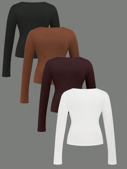 LUNE 4pcs Set Crew Neck Long Sleeve T-Shirts, Casual & Fashionable Daily Wear Fall Cloth For Women