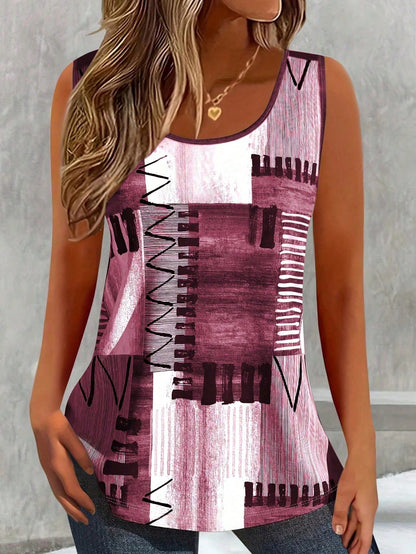 LUNE CURVE Plus Size Patchwork Printed Casual Crew Neck Sleeveless Top, Daily Wear Graphic Tees Women Tops