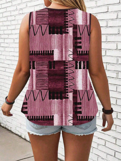 LUNE CURVE Plus Size Patchwork Printed Casual Crew Neck Sleeveless Top, Daily Wear Graphic Tees Women Tops