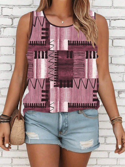 LUNE CURVE Plus Size Patchwork Printed Casual Crew Neck Sleeveless Top, Daily Wear Graphic Tees Women Tops