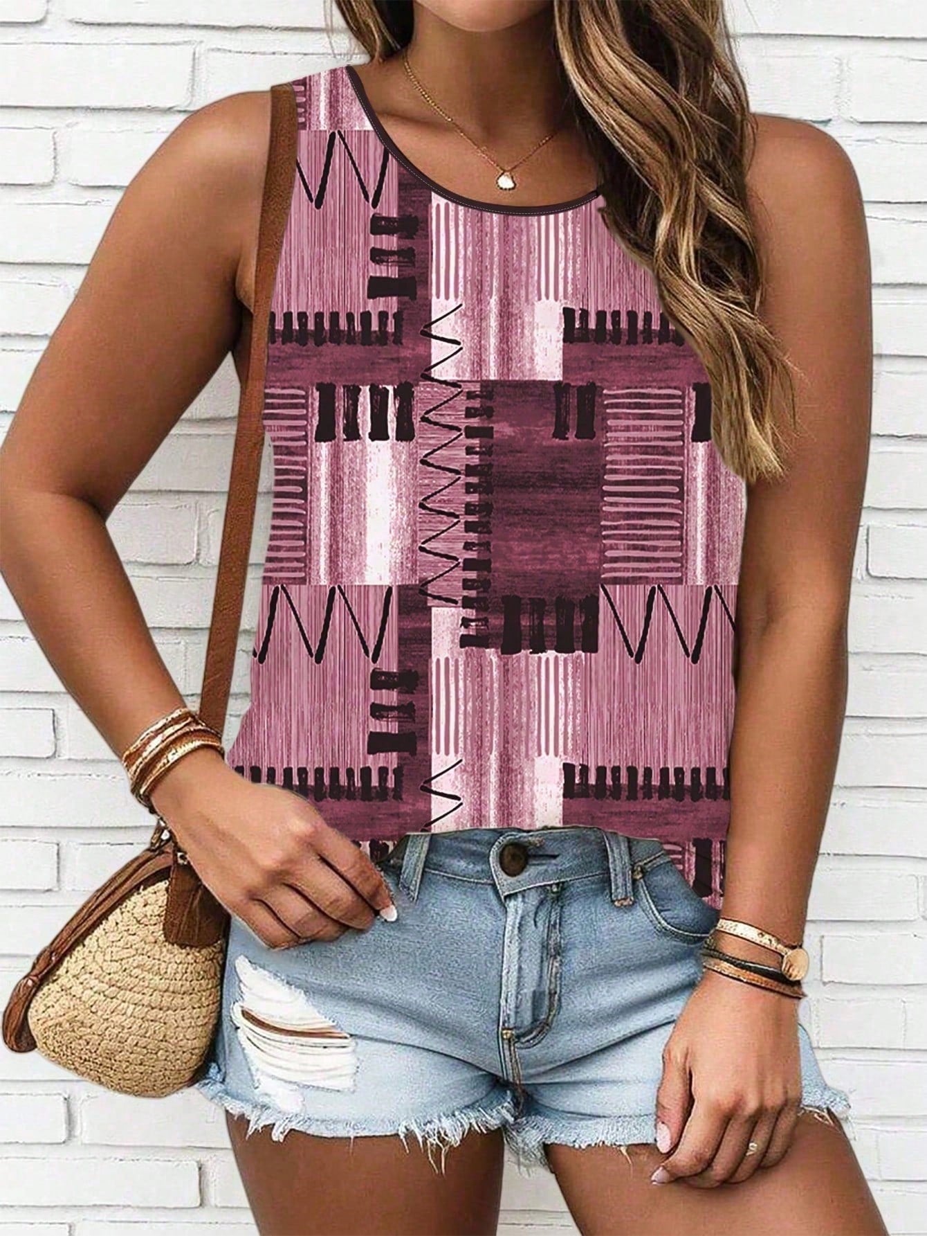 LUNE CURVE Plus Size Patchwork Printed Casual Crew Neck Sleeveless Top, Daily Wear Graphic Tees Women Tops