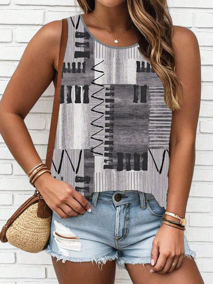 LUNE CURVE Plus Size Patchwork Printed Casual Crew Neck Sleeveless Top, Daily Wear Graphic Tees Women Tops