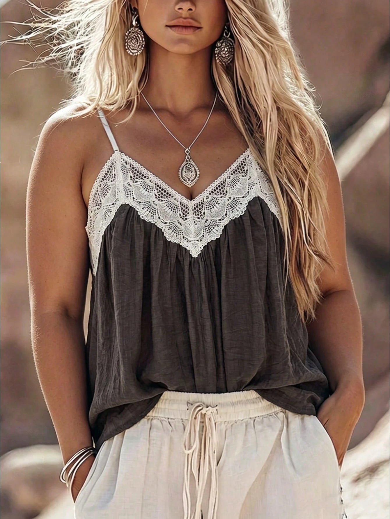 LUNE CURVE Plus Size Woven V-Neck Fashionable Summer Women's Halter And Tank Tops