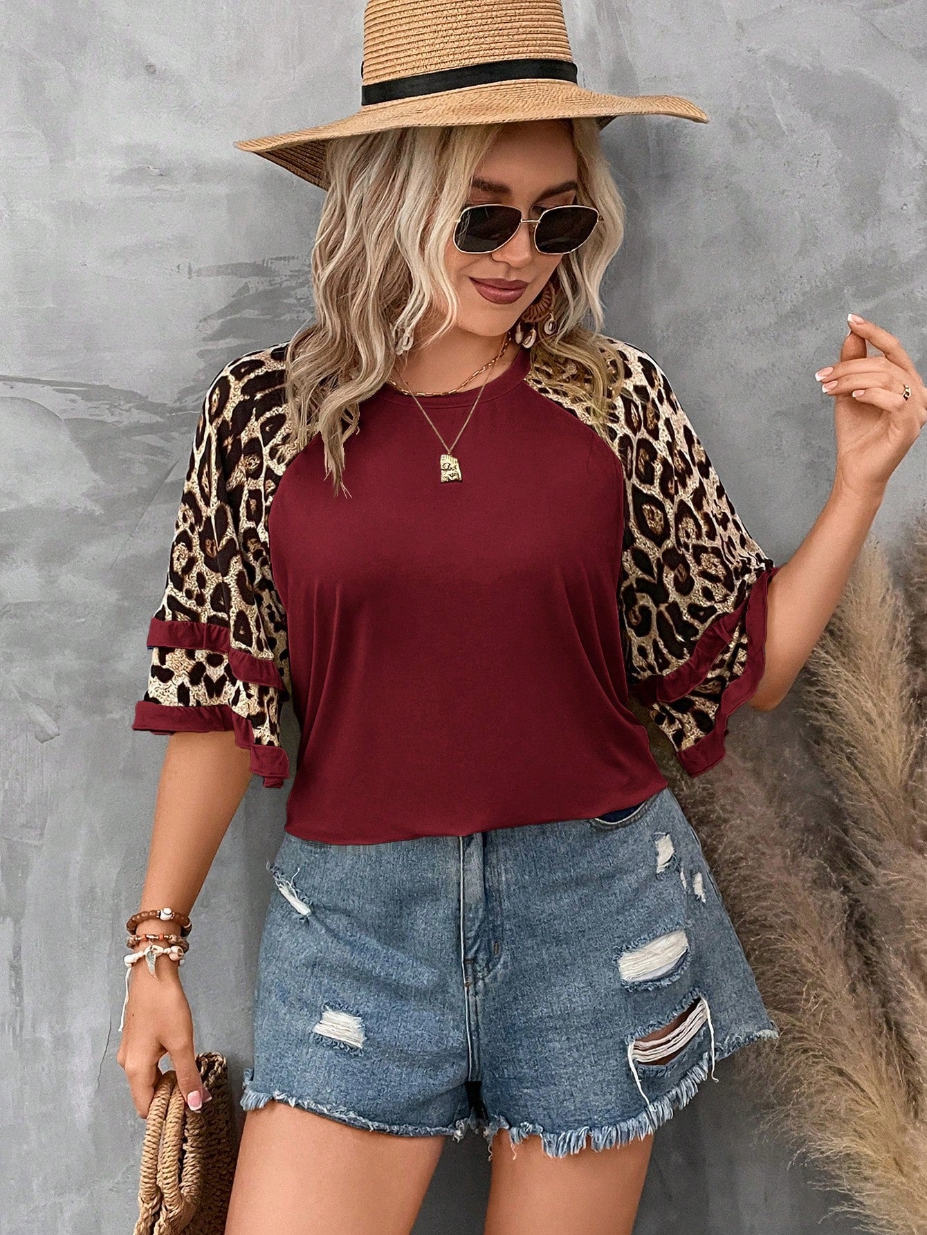 LUNE Plus Leopard Print Flounce Sleeve Tee Fall