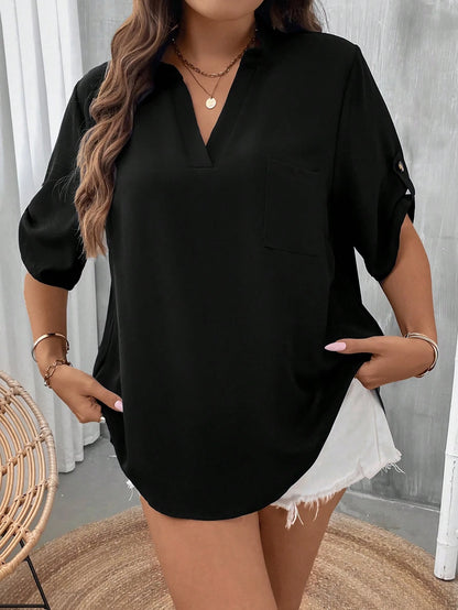 LUNE Plus Roll Tab Sleeve Patched Pocket Blouse