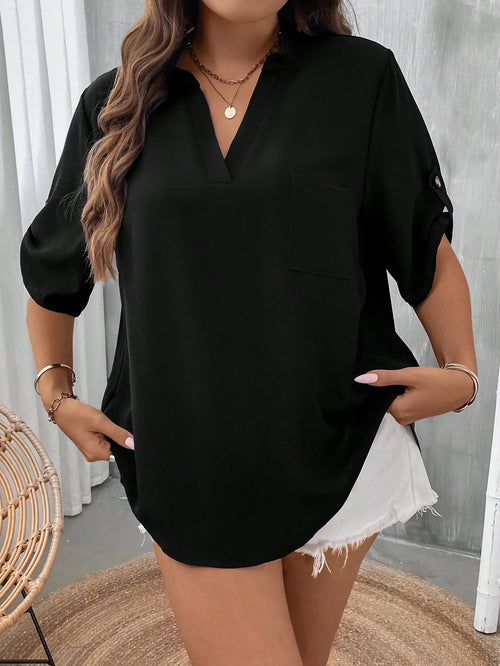 LUNE Plus Roll Tab Sleeve Patched Pocket Blouse