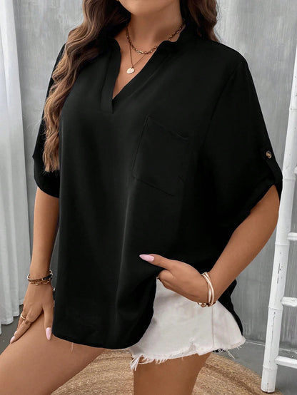 LUNE Plus Roll Tab Sleeve Patched Pocket Blouse