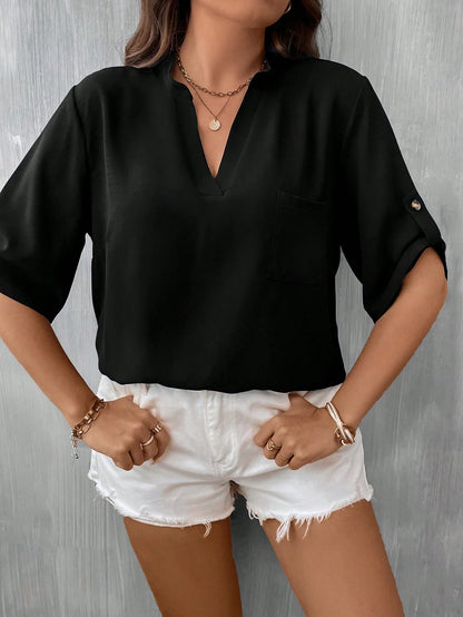 LUNE Plus Roll Tab Sleeve Patched Pocket Blouse