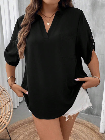 LUNE Plus Roll Tab Sleeve Patched Pocket Blouse