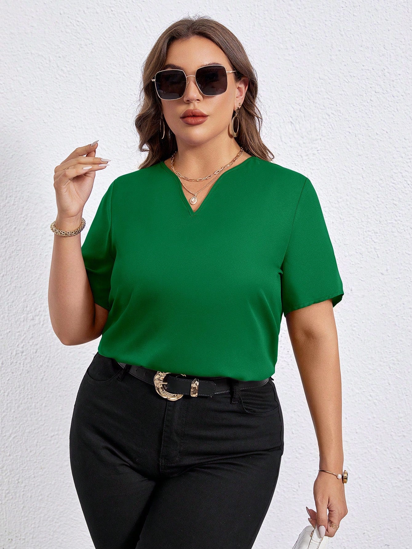LUNE Plus Size Casual Solid Color Notched Neck Short Sleeve Shirt
