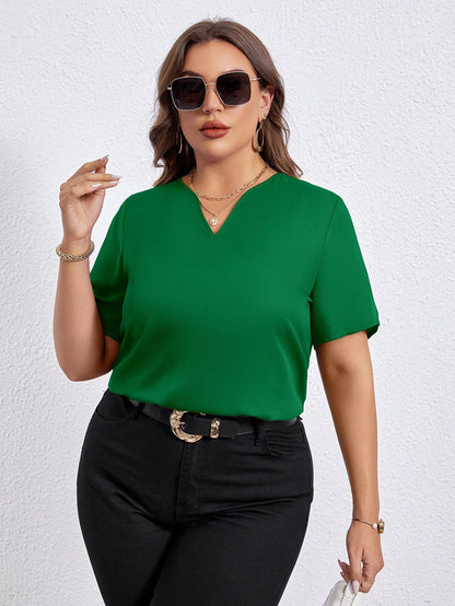 LUNE Plus Size Casual Solid Color Notched Neck Short Sleeve Shirt