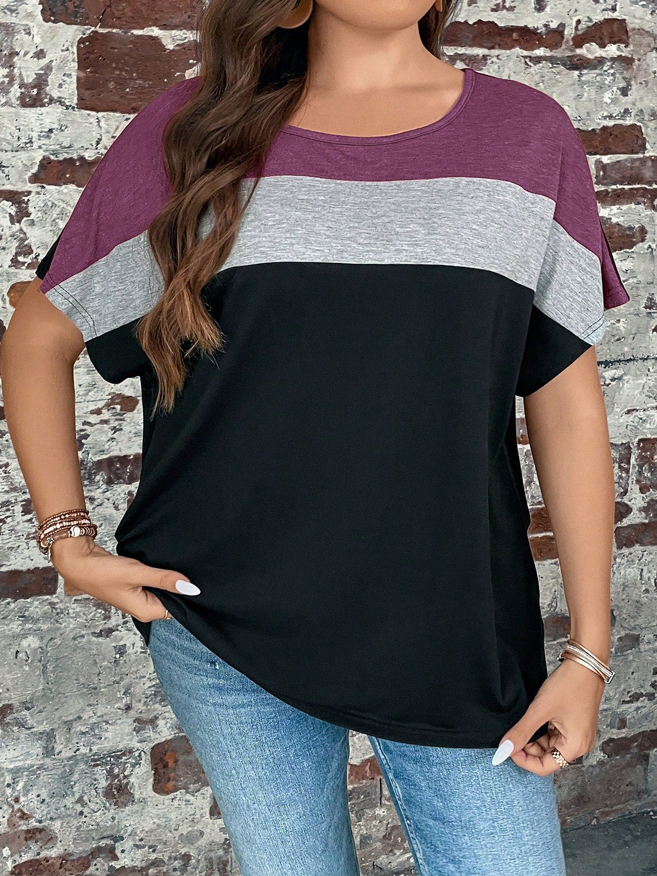 LUNE Plus Size Contrast Color Crew Neck Casual Short Sleeve T-Shirt, Fall Women Tops Purple, For Summer