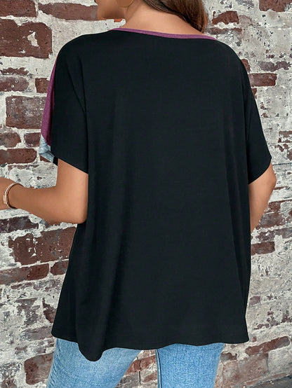 LUNE Plus Size Contrast Color Crew Neck Casual Short Sleeve T-Shirt, Fall Women Tops Purple, For Summer