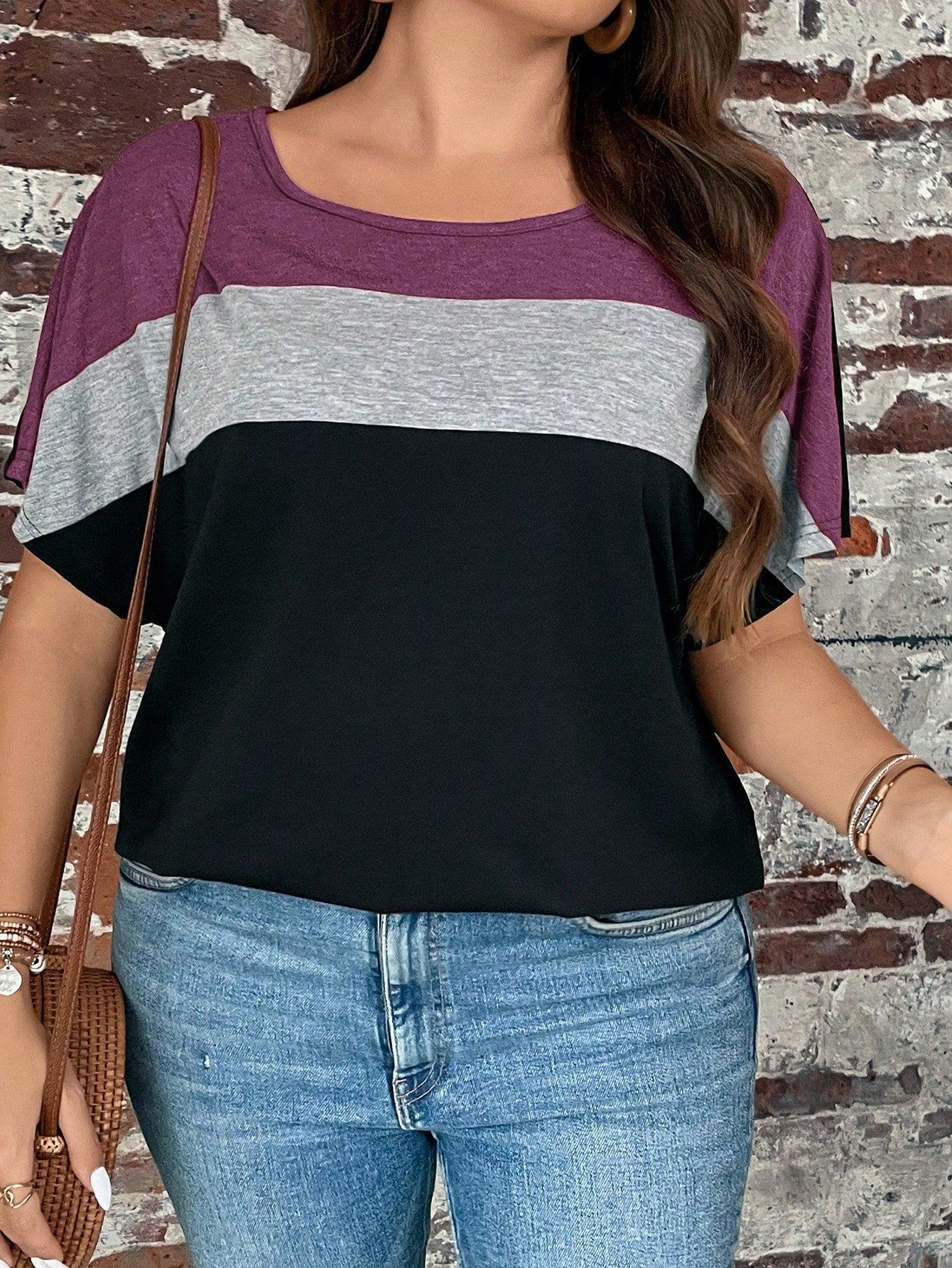 LUNE Plus Size Contrast Color Crew Neck Casual Short Sleeve T-Shirt, Fall Women Tops Purple, For Summer