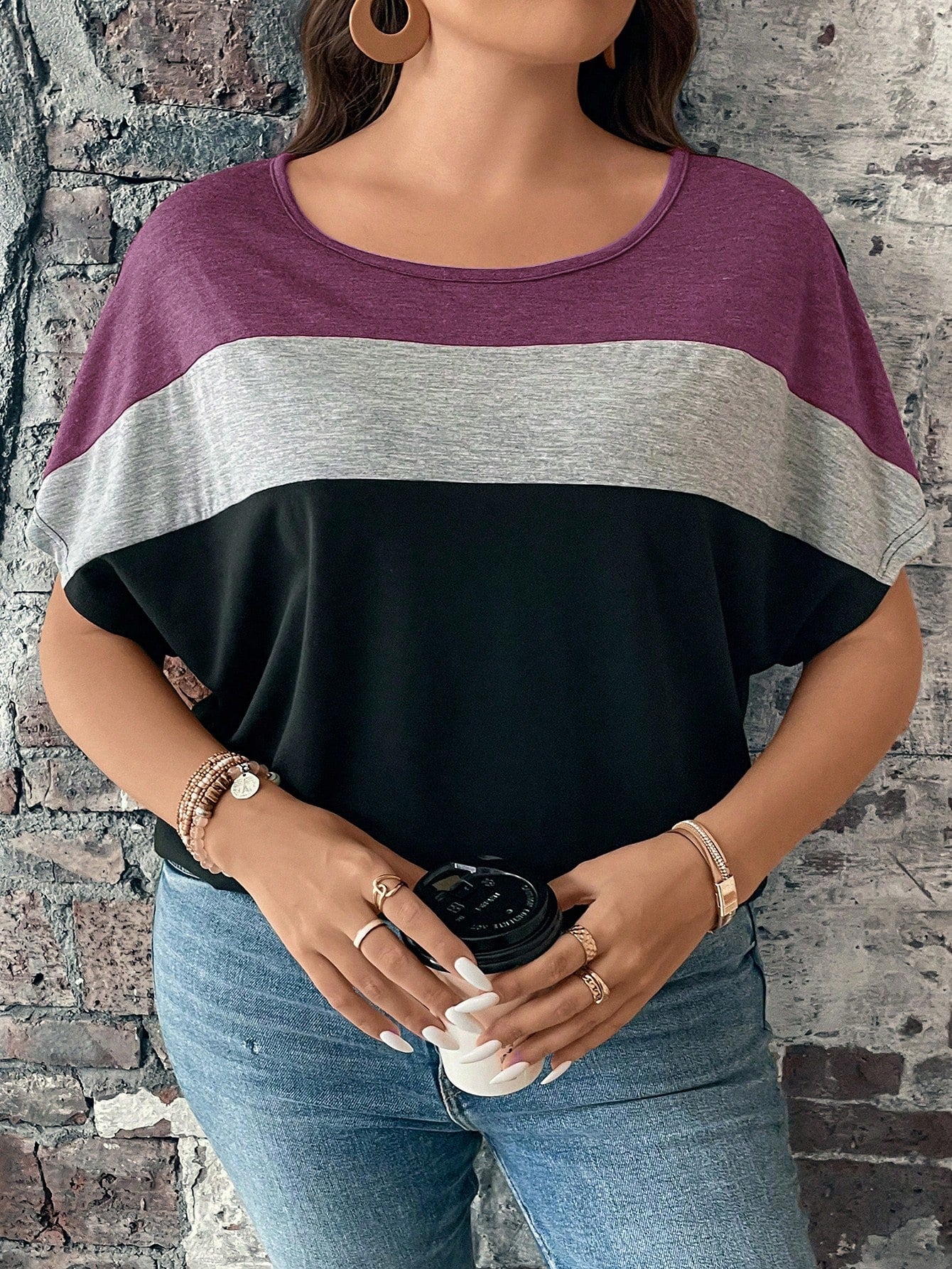LUNE Plus Size Contrast Color Crew Neck Casual Short Sleeve T-Shirt, Fall Women Tops Purple, For Summer