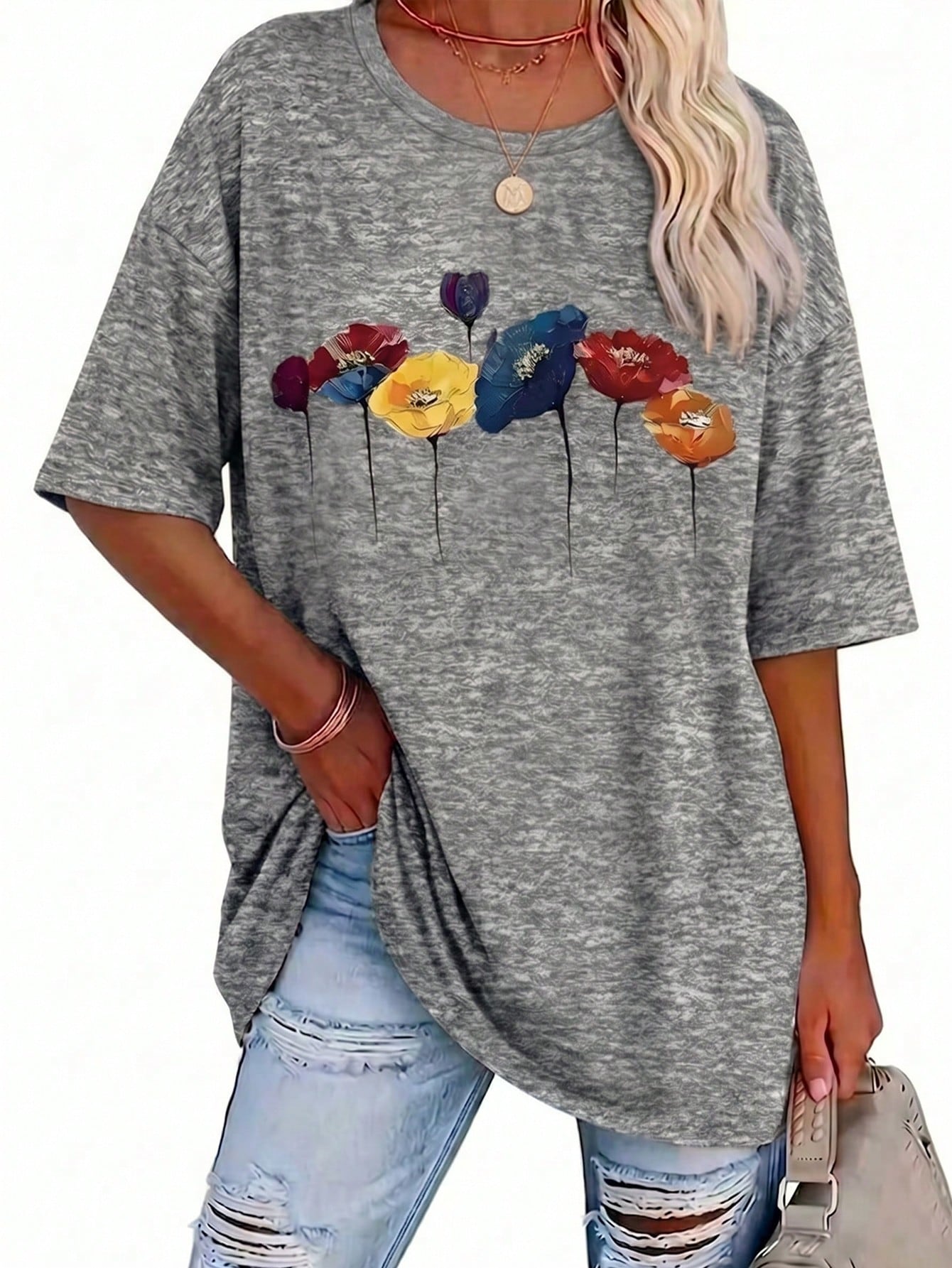 LUNE Plus Size Elegant Floral Pattern Casual Women's Round-Neck Short-Sleeved T-Shirt