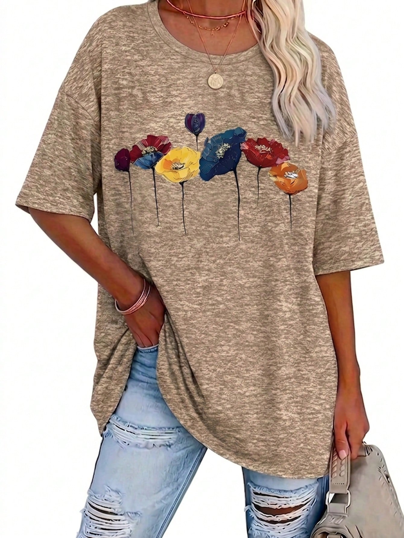 LUNE Plus Size Elegant Floral Pattern Casual Women's Round-Neck Short-Sleeved T-Shirt