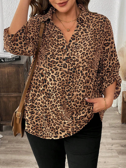 LUNE Plus Size Leopard Print Mid-Sleeve Shirt Fall