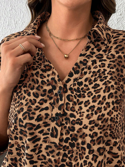 LUNE Plus Size Leopard Print Mid-Sleeve Shirt Fall