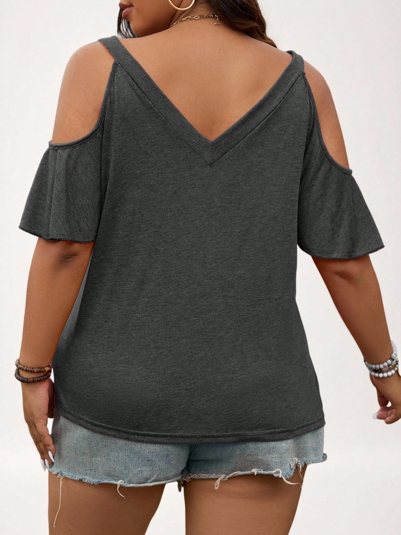 LUNE Plus Size Solid Color Open Shoulder T-Shirt, Simple & Fashionable For Summer