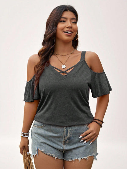 LUNE Plus Size Solid Color Open Shoulder T-Shirt, Simple & Fashionable For Summer