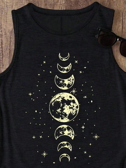 LUNE Plus Size Star & Moon Print Casual Tank Top, Summer