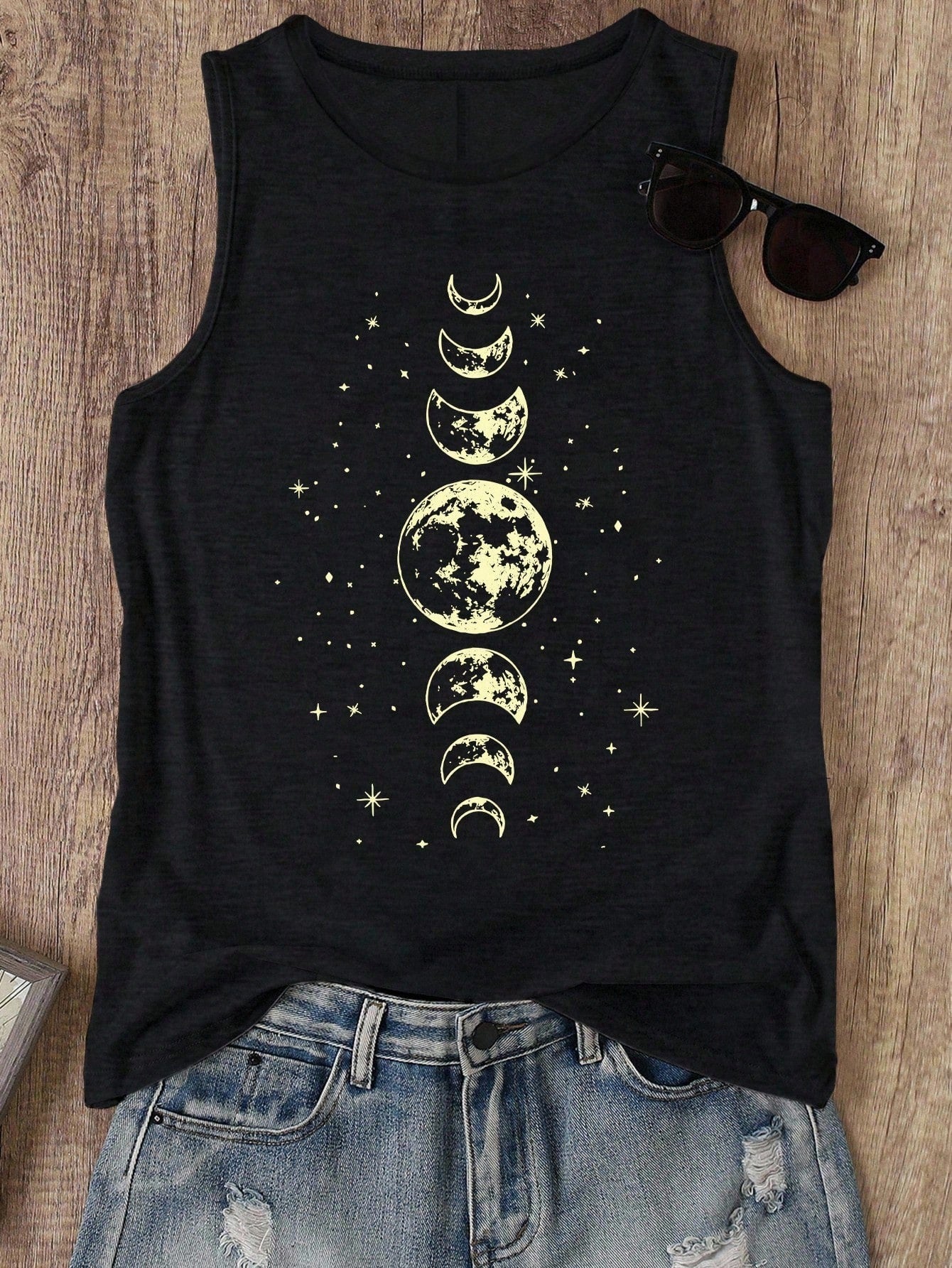 LUNE Plus Size Star & Moon Print Casual Tank Top, Summer
